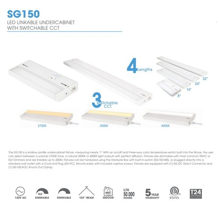 Jesco 24 Inch 14W shallow profile LED Linkable Undercabinet with Adjustable CCT SG150-24-SWC-WH